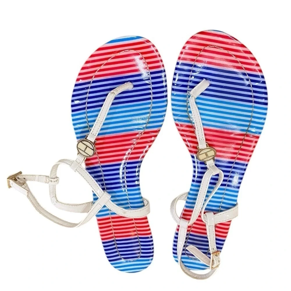 Tommy Hilfiger patent white toe flat sandals striped footbed silver “H” sz 9.5